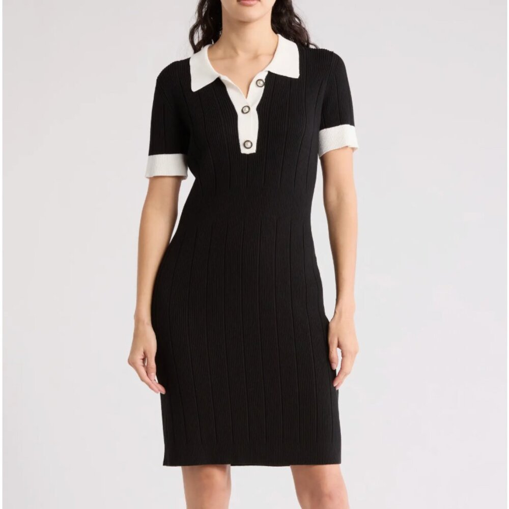 Julia Jordan Black & White Ribbed Knit Dress Size S – Elegant Colorblock Sheath